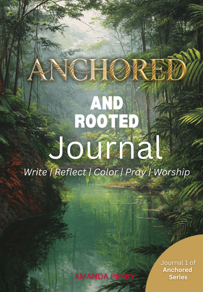 Anchored and rooted faith based journal front cover showing a river through a tropical forest with centred text