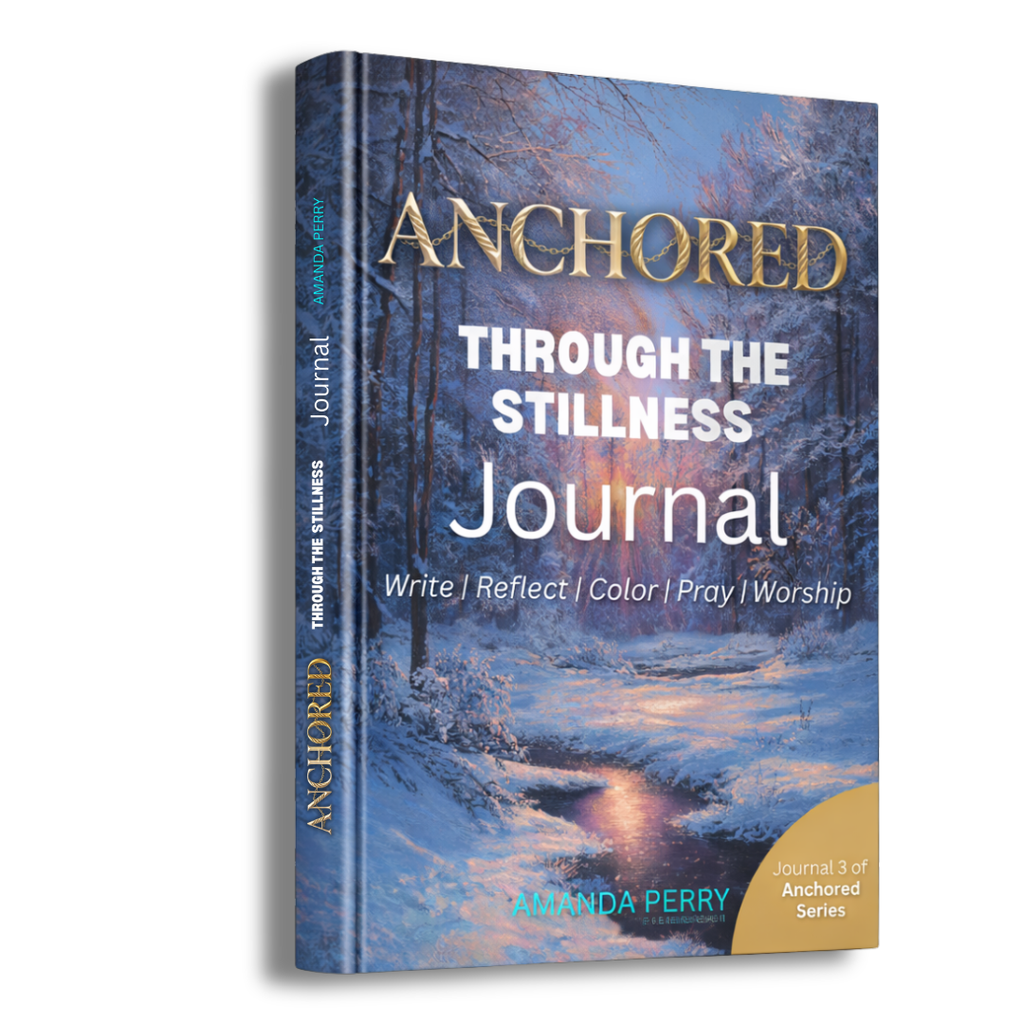 Journal titled 'Anchored Through the Stillness' with a winter scene cover