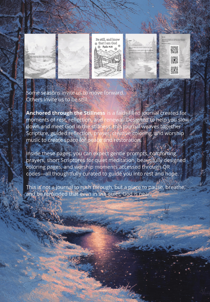Anchored through the stillness back cover showing an iced over winter forrest