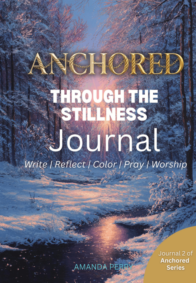 Anchored through the stillness front cover featuring a winter forest covered in ice and snow