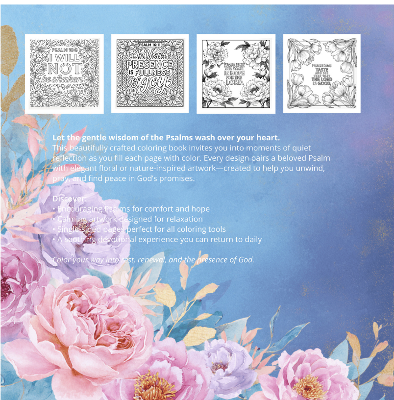 Coloring book back cover with floral design and text on a blue background