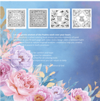 Coloring book back cover with floral design and text on a blue background
