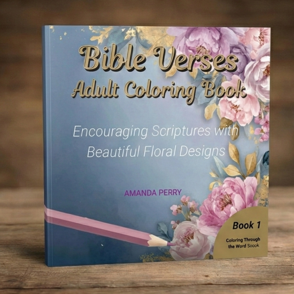 Coloring book titled 'Bible Verses Adult Coloring Book' by Amanda Perry on a wooden surface with a floral design.