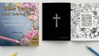 coloring book closed then opened with Bible Verses theme on a white background and a cross symbol on the open page