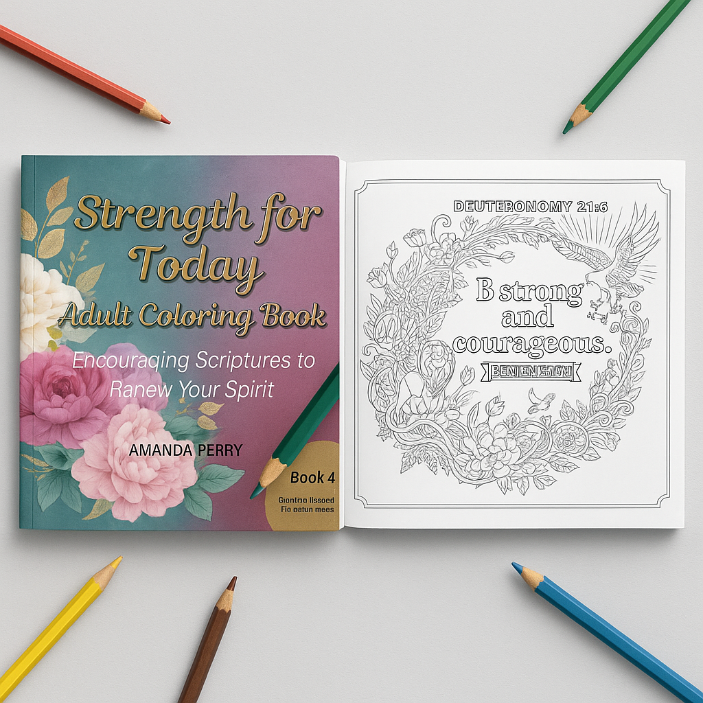 Coloring book titled 'Strength for Today' with a coloring page featuring text and illustrations on a light gray background.