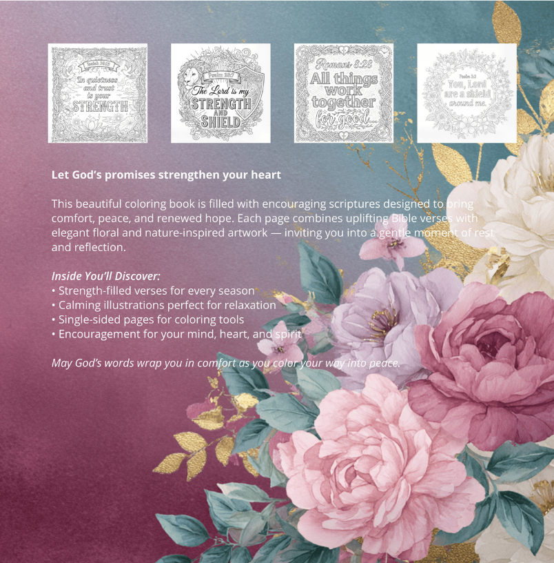 Back cover of book with Floral design with coloring book pages and text on a purple background