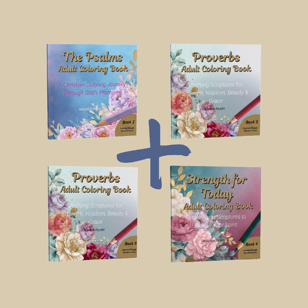Coloring Through the Word Book Bundle. 4 books in total all displaying floral covers but have greyscale imagery inside to color in and this image has a beige background.