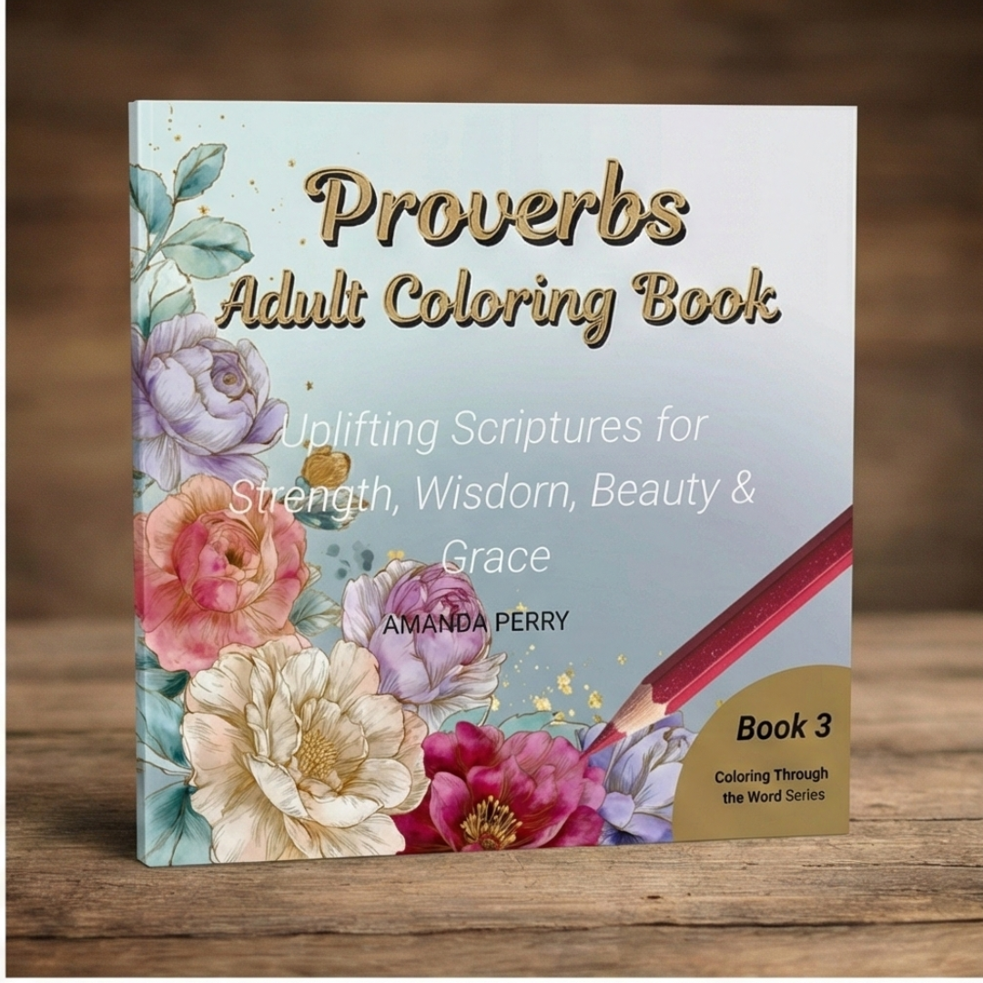 Proverbs Adult Coloring Book with floral design on a wooden surface