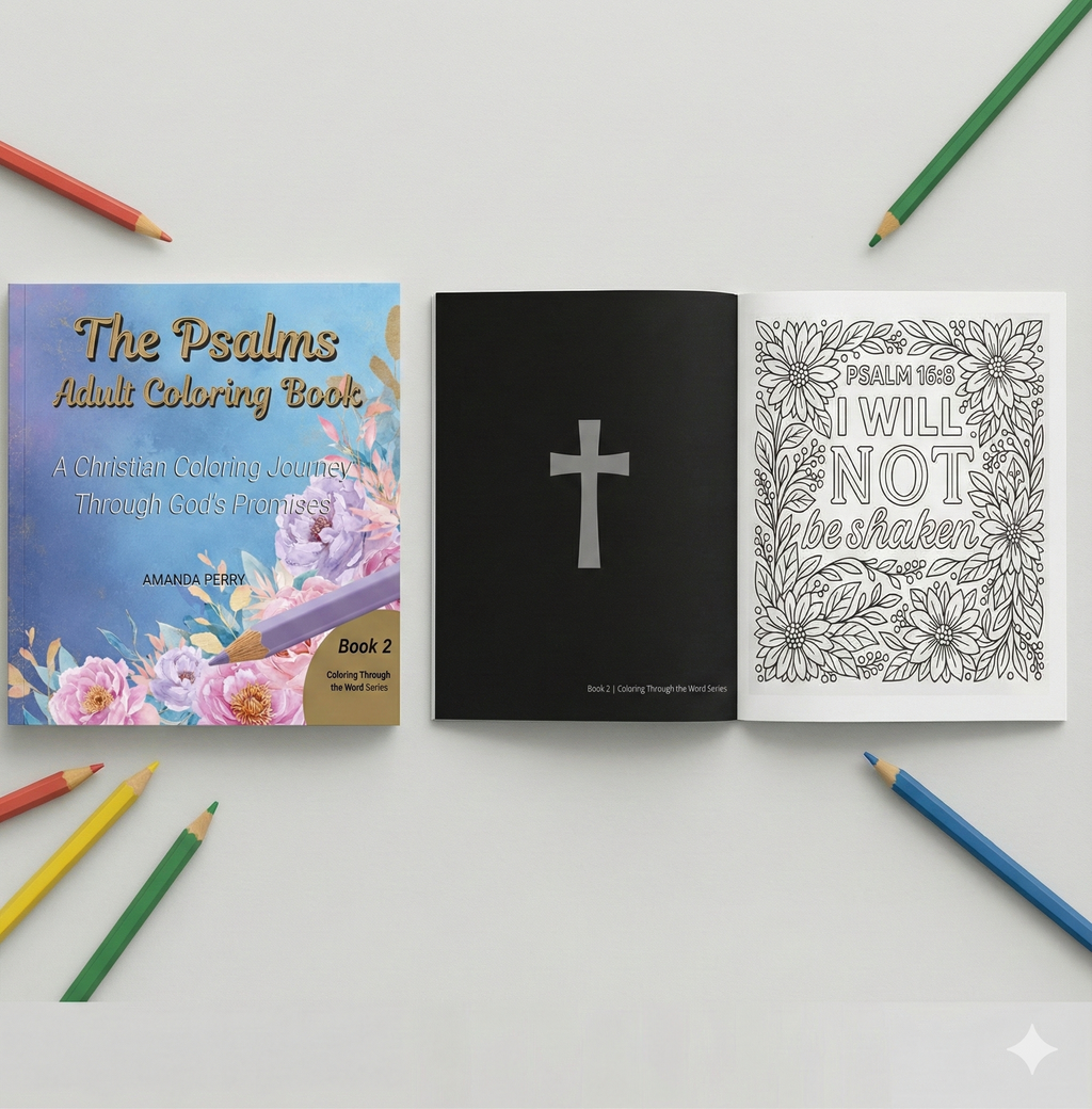 Coloring book titled 'The Psalms Adult Coloring Book' with a black page featuring a cross and a white page with floral designs and text.