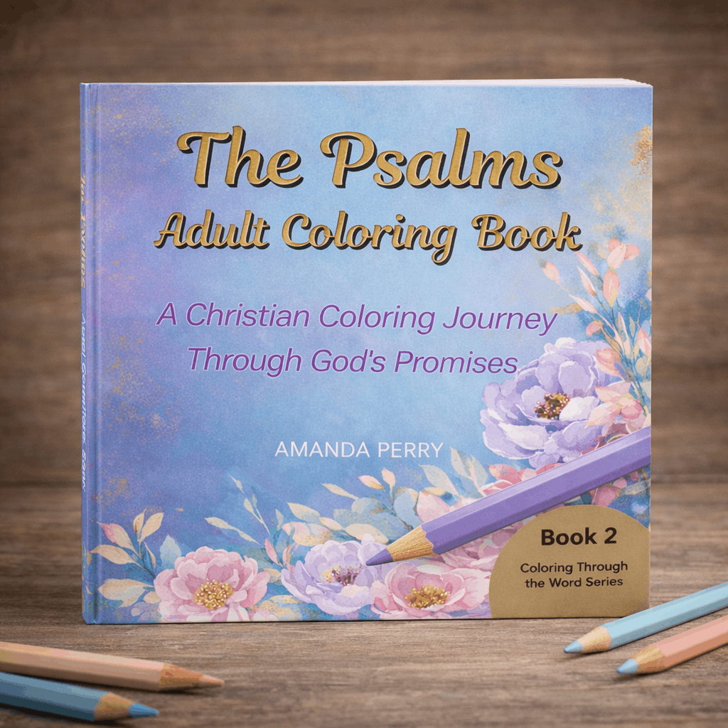 Coloring book titled 'The Psalms Adult Coloring Book' by Amanda Perry on a wooden surface with coloring pencils.