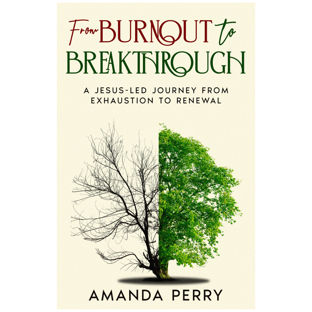 front cover in cream with a tree half dead and half alive centred below title - book 'From Burnout to Breakthrough' by Amanda Perry