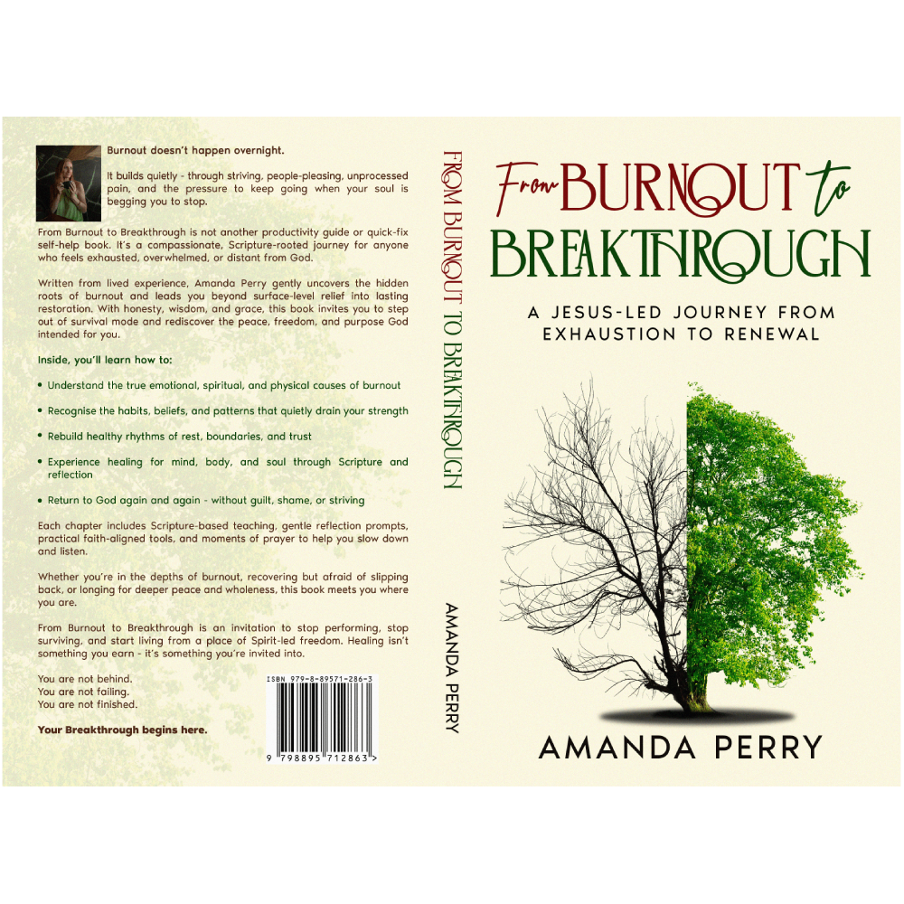full cover art including a cream background and a tree half dead half alive on the front - the book: 'From Burnout to Breakthrough' by Amanda Perry