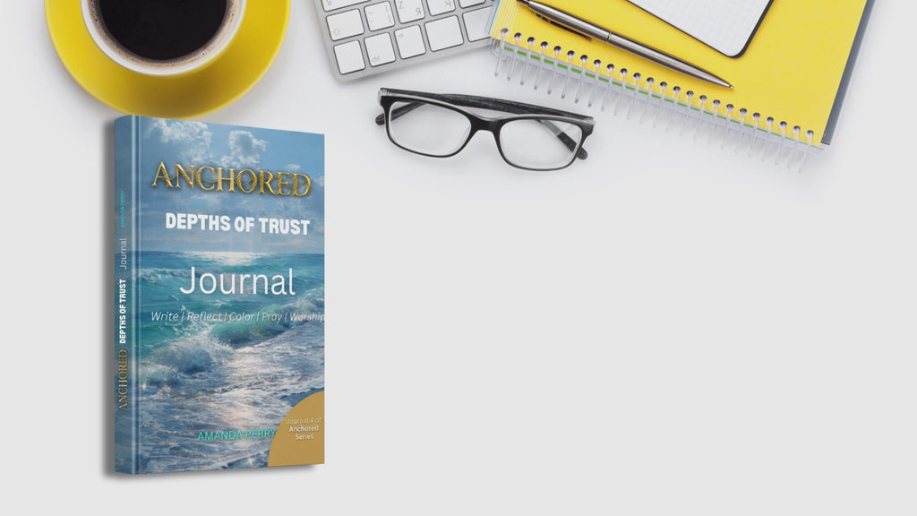 Anchored Depth of Trust Journal for burnout recovery placed on a desk with spectacles folded and a notebook and a cup of coffee. Light background almost white.