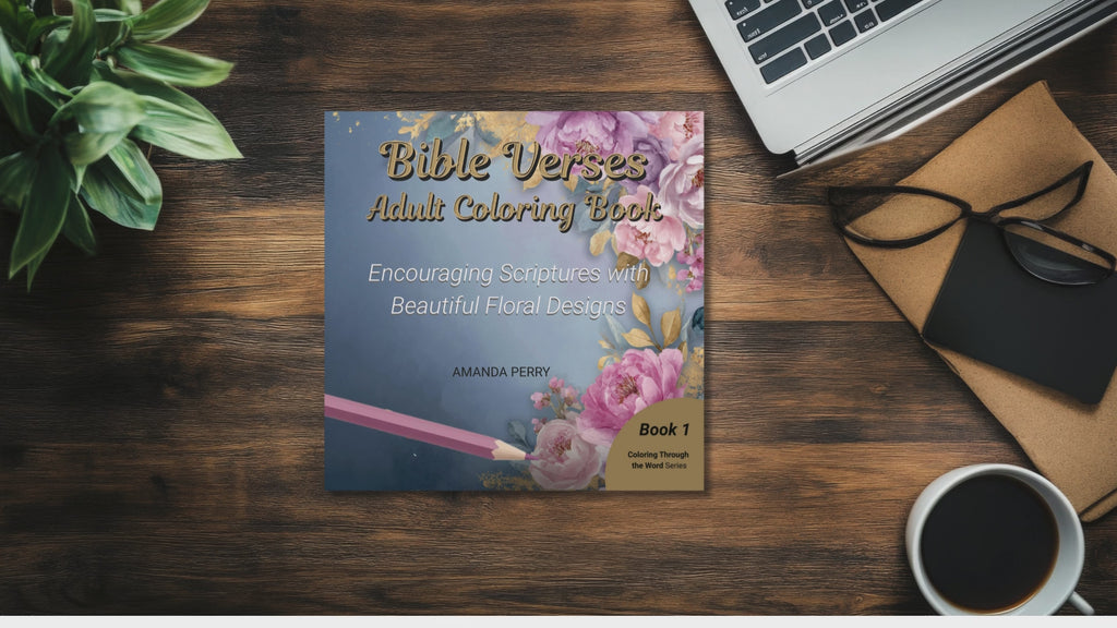 Bible versus coloring book for adults with floral background on top right of cover, darker blue background than the verses book