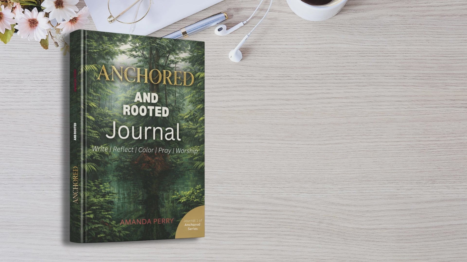 Anchored And Rooted Video Of the book hovering above a wooden desk of light appearance